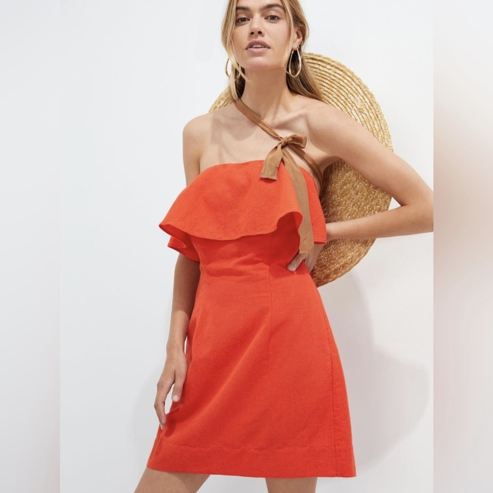 ANTHROPOLOGIE Linen Orange Strapless Dress